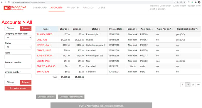 Patient Billing Accounts listing